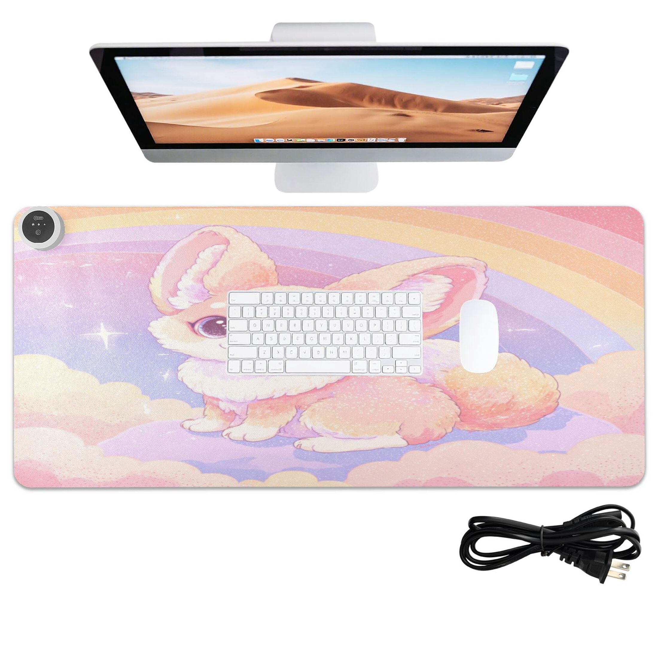 Large Heated Desk Mat Mouse Pad 31.5"x13"PU Leather Graphene Heating Desk Warmer with 3 Temperature Settings 110V US Plug Non-Slip Warm Pad for Home, Office, and Gaming Dreamy Cloud Fox Illustration