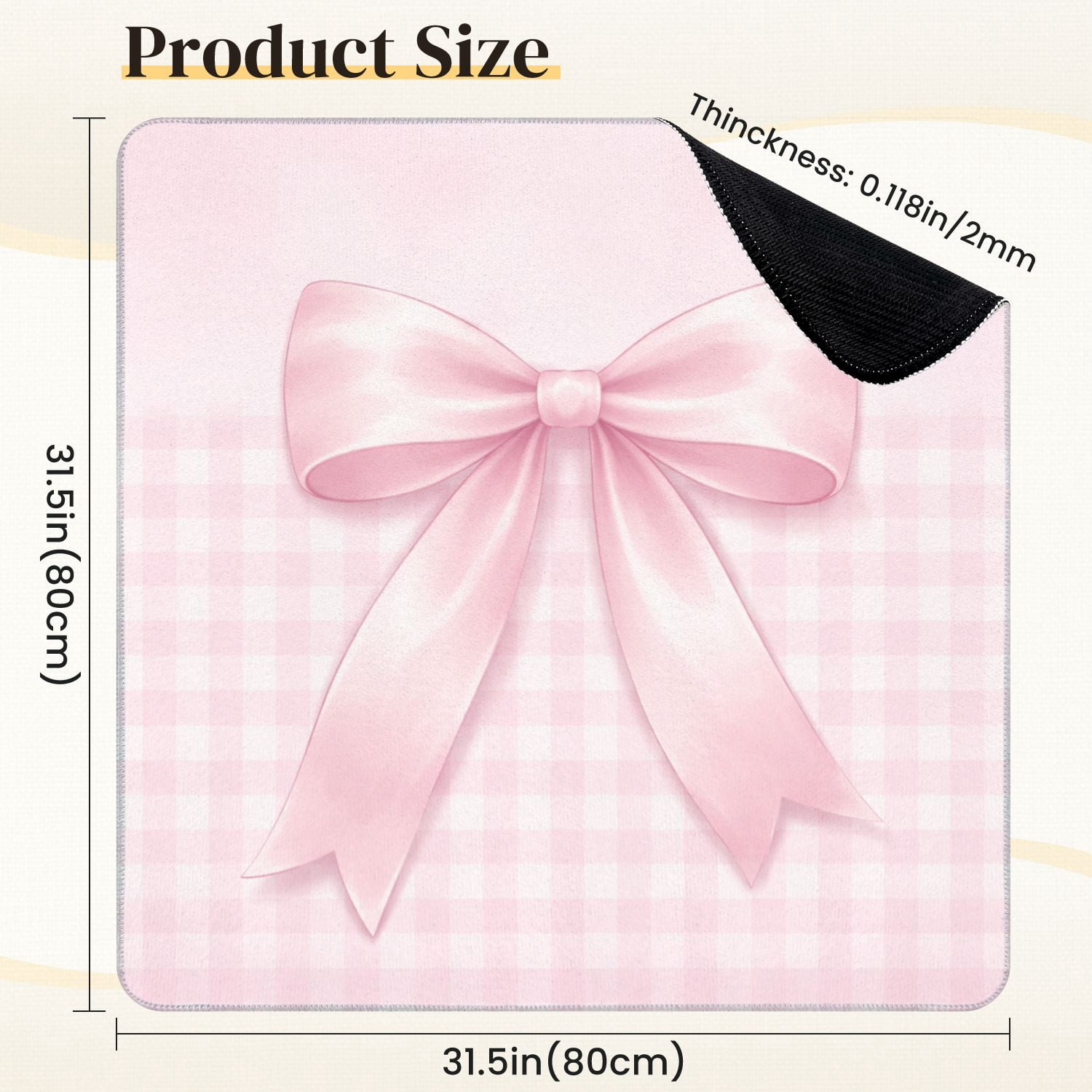 Mahjong Mat 31.5" x 31.5" Soft Pink Ribbon Bow Pastel Gingham Non-Slip Noise Reduction Mahjong Tiles Table Cover for Dominoes Poker Card Board and Tile Games