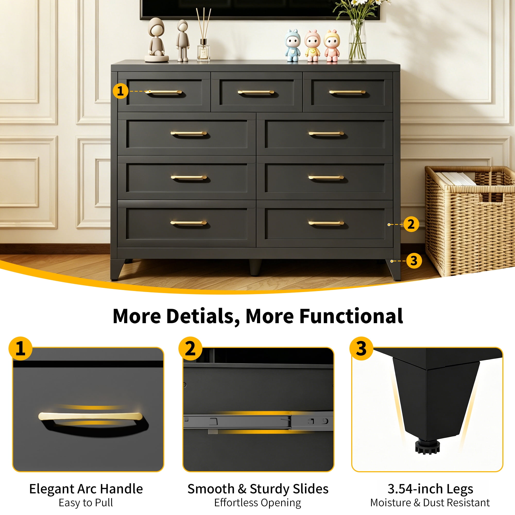 ShiKeyi 9 Drawer Dresser for Bedroom, Modern Metal Wide Storage Chest with Metal Handles and Legs, Black