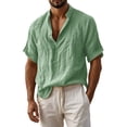 thumbnail image 3 of Men's Cotton Linen Shirts Solid Loose Short Sleeved Collar Buttons Top Soft Comfort Casual Tee Shirts Holiday Street Clothing Summer Beach Wear, 3 of 7