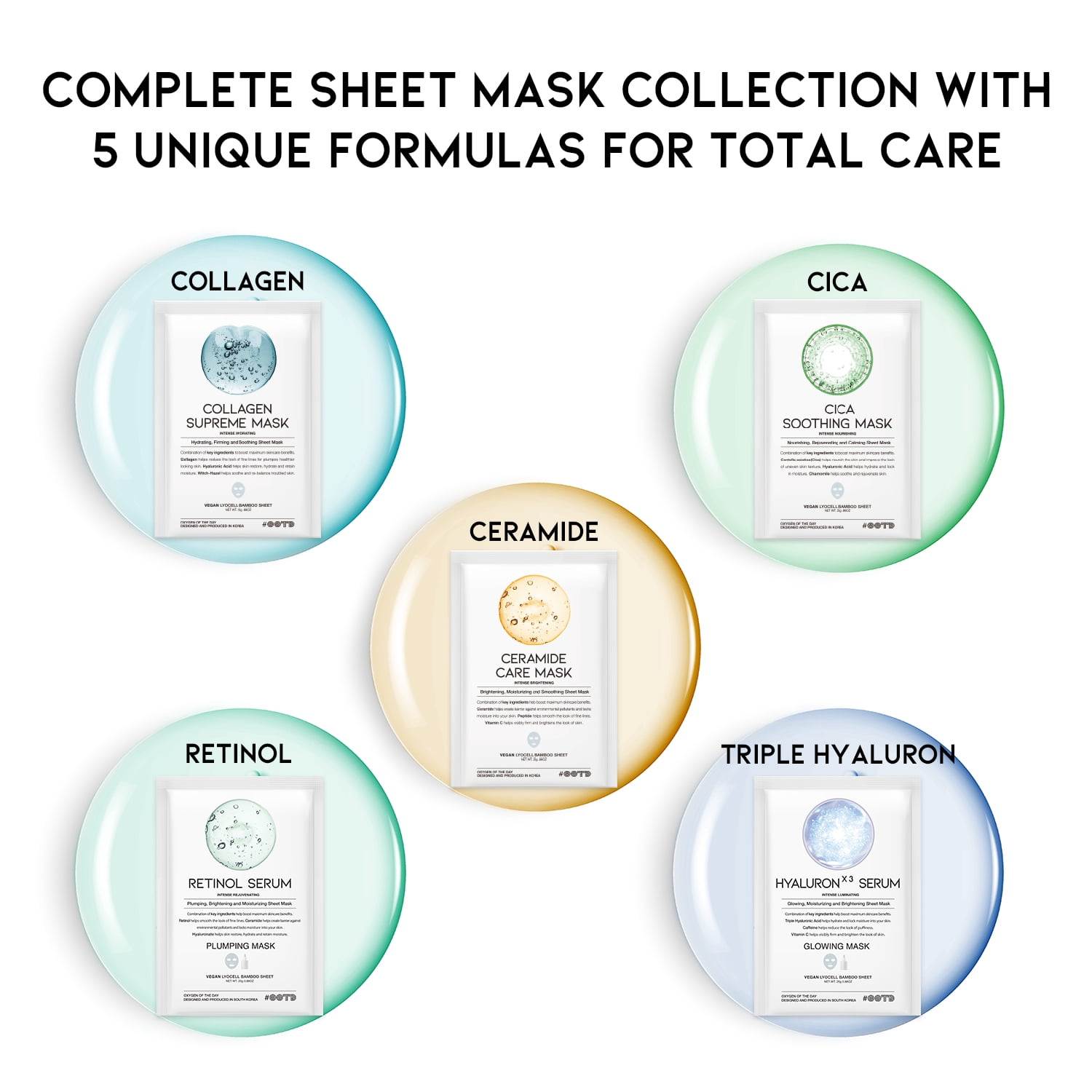 OOTD Beauty Sheet Mask Value Pack with Collagen, Cica & Vitamin C, 50 Count
