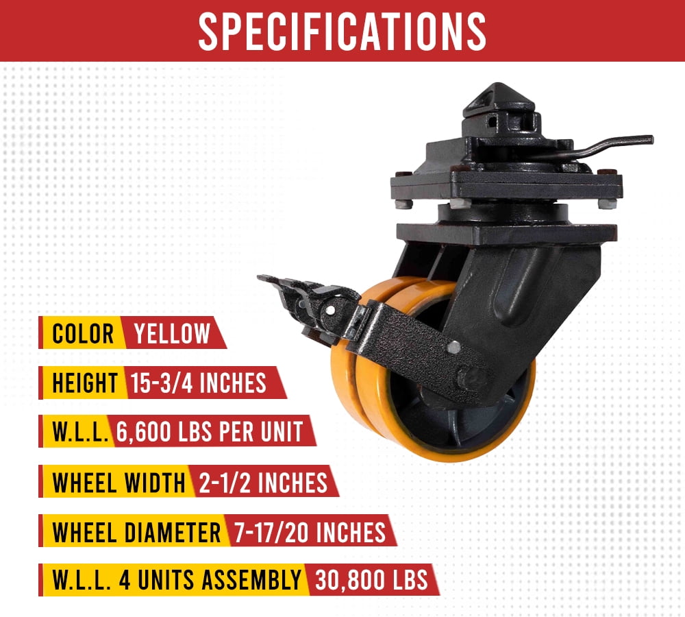 (4 Pack) 8" ISO Shipping Container Double Caster Wheels with Brakes - 3 Ton Load Capacity (6600 lbs WLL/Unit) - Shipping Container Moving Wheels Swivel Plate with Twist Lock