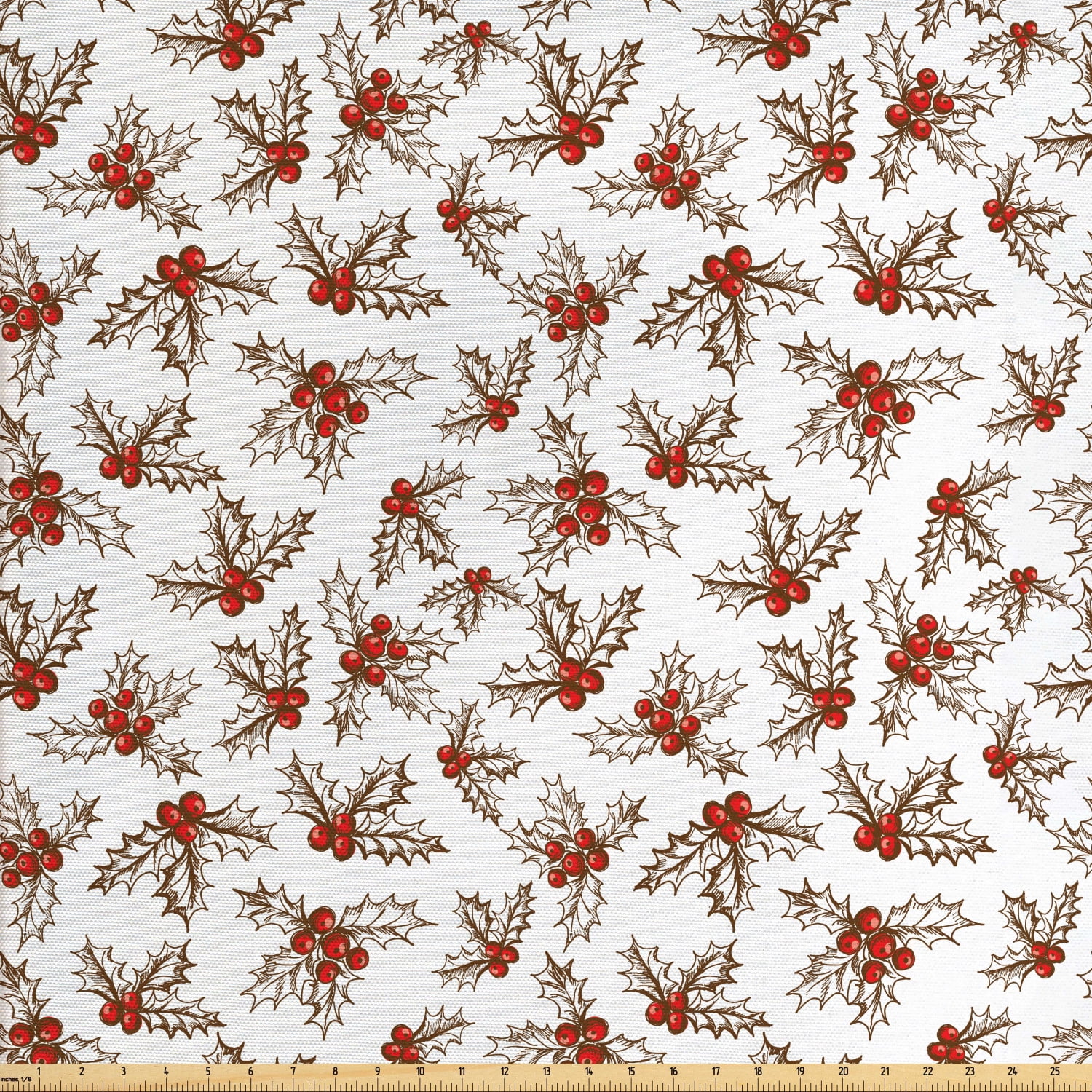 Christmas Fabric by The Yard, Winter Season Harvest Holly Berries Vintage Floral Composition