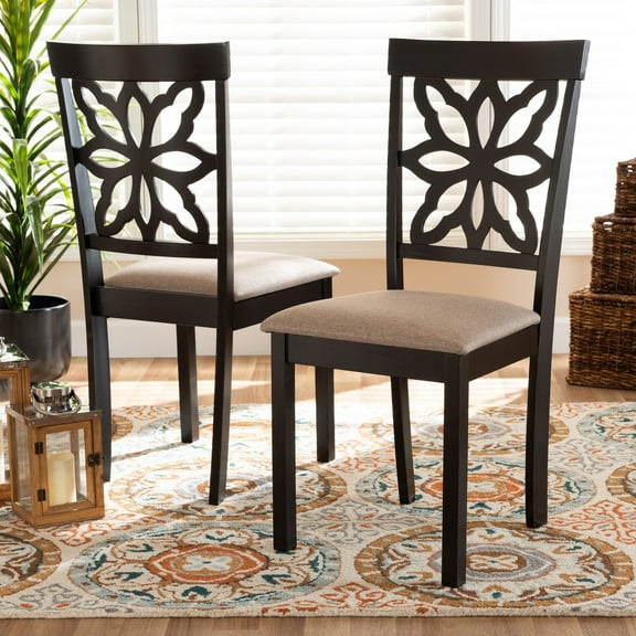 Modern Dining Chair Set - 2 Piece Fabric Upholstered Chairs - Dark Brown Wood Finish