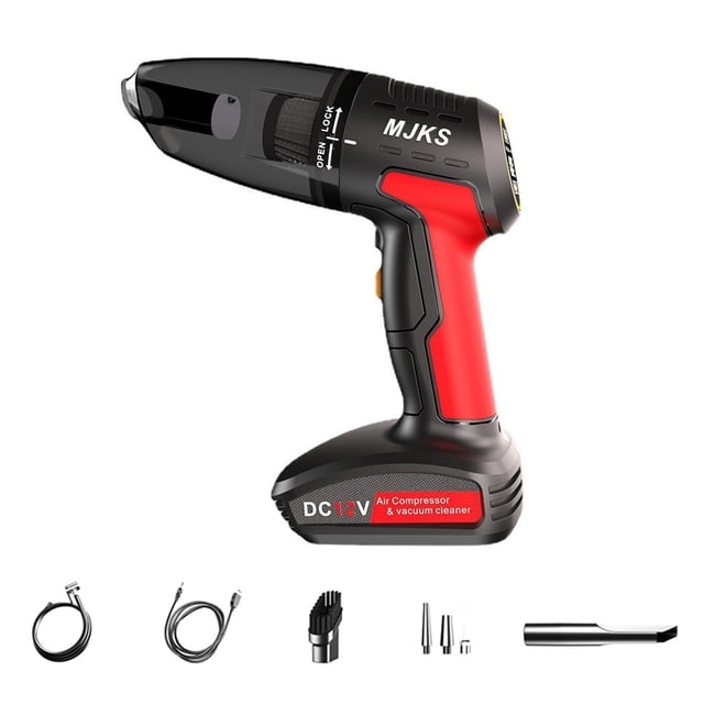 Red 4-in-1 Wireless Rechargeable Auto Tool: 9000Pa Suction Vacuum Cleaner, 120W Inflator Pump, Tire Pressure Gauge & LED Light - Portable Handheld Car Accessories with 2000mAh Battery, ABS Material,