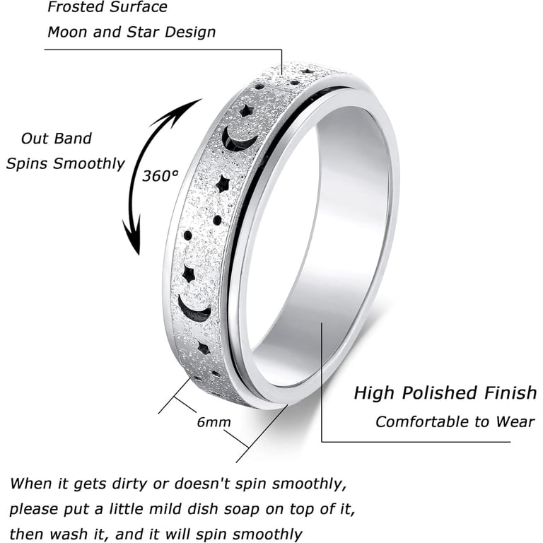 ANIEJUFI Anxiety Ring - 8MM Sun Moon Star Fidget Spinner Ring, Stainless Steel Stress Relief For Men & Women