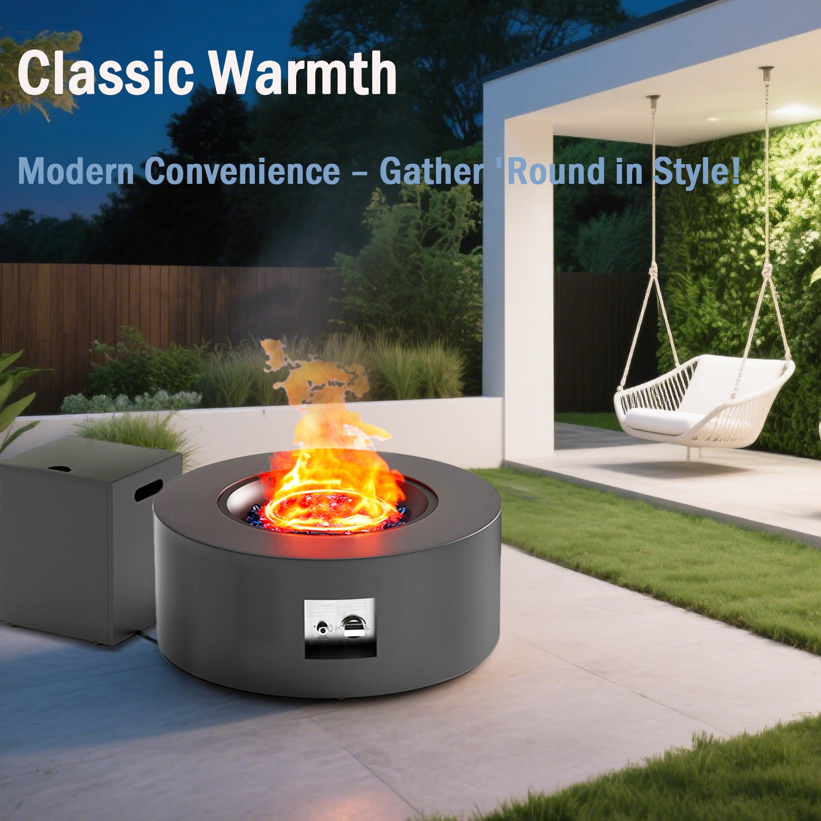 30" Dark Grey Round Outdoor Propane Fire Pit Table with Tank Storage | 50,000 BTU Heat | CSA Certified | Includes Cover & Stones