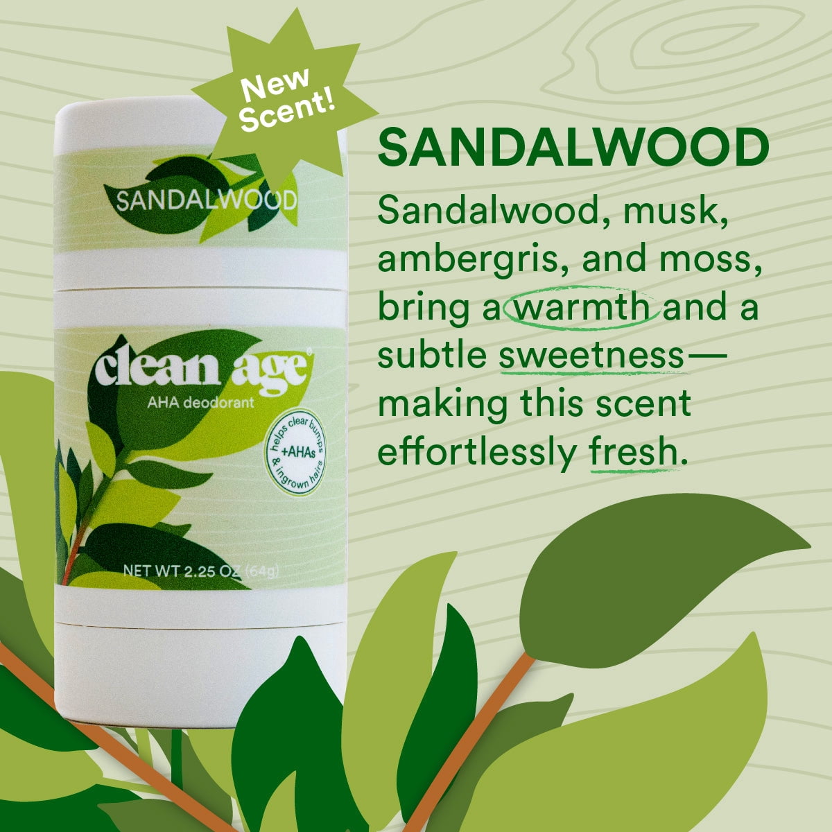 2-Pack Clean Age AHA Deodorant for Teens | Aluminum-Free, Safe for Sensitive Skin | Sandalwood Scent | 2.5 oz