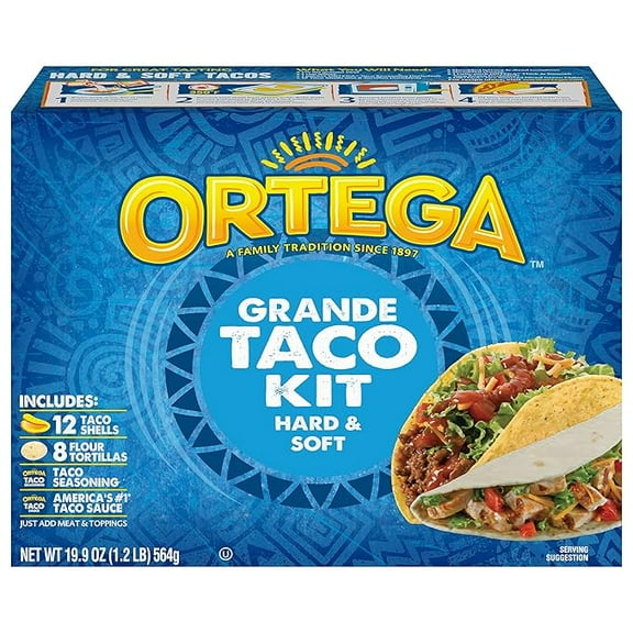 Pack of 1 Ortega Grande Taco Kit, 12 Taco Shells & 8 Tortillas, Taco Seasoning and Taco Sauce