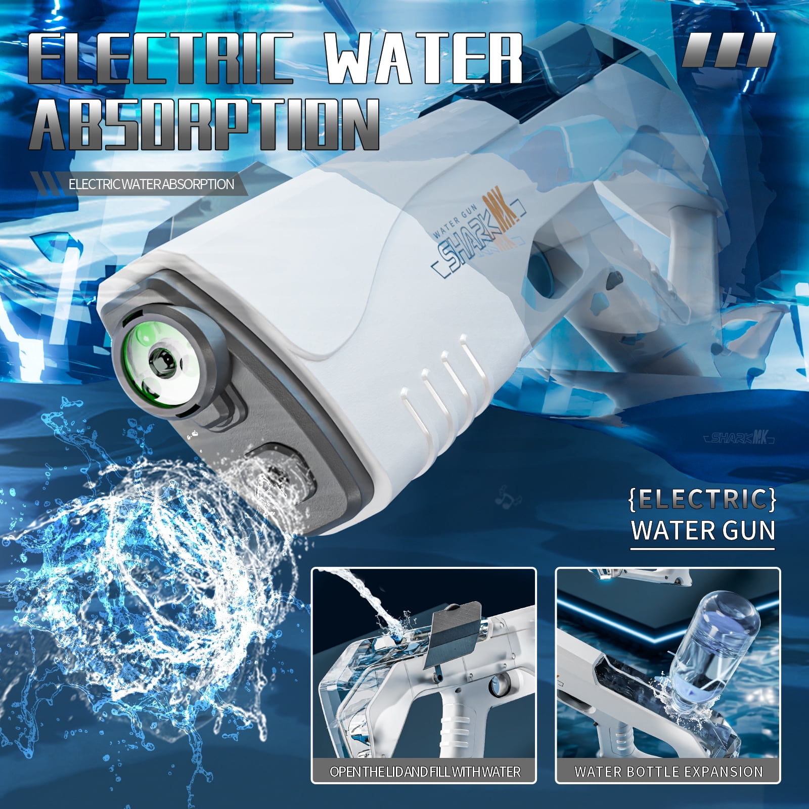 Ultimate Phantom Electric Water Gun: 32-Ft Range, Battery-Powered, Water Tank & LED Lights. Perfect for summer, beach, pool & garden fun. For kids 3+. Great water park gift（Grey）