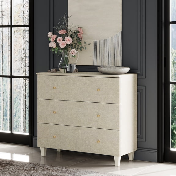 Bedroom Dresser with 3 Drawers, Mid-Century Modern Small Dresser, Beige Wood Chest of Drawers with Solid Wood Legs, 36"