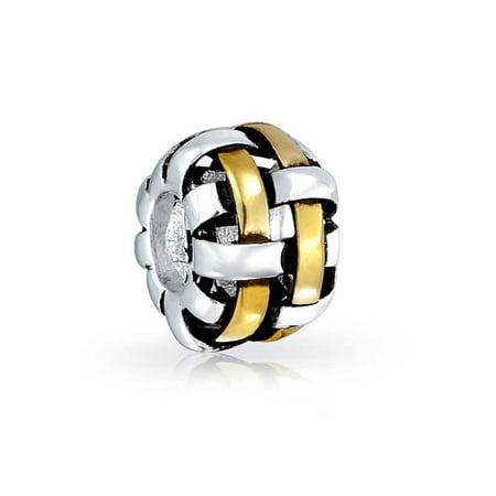 - Woven Basket Weave Barrel Charm Bead For Women Two Tone 14K Gold Plated Sterling Silver Fits European Bracelet