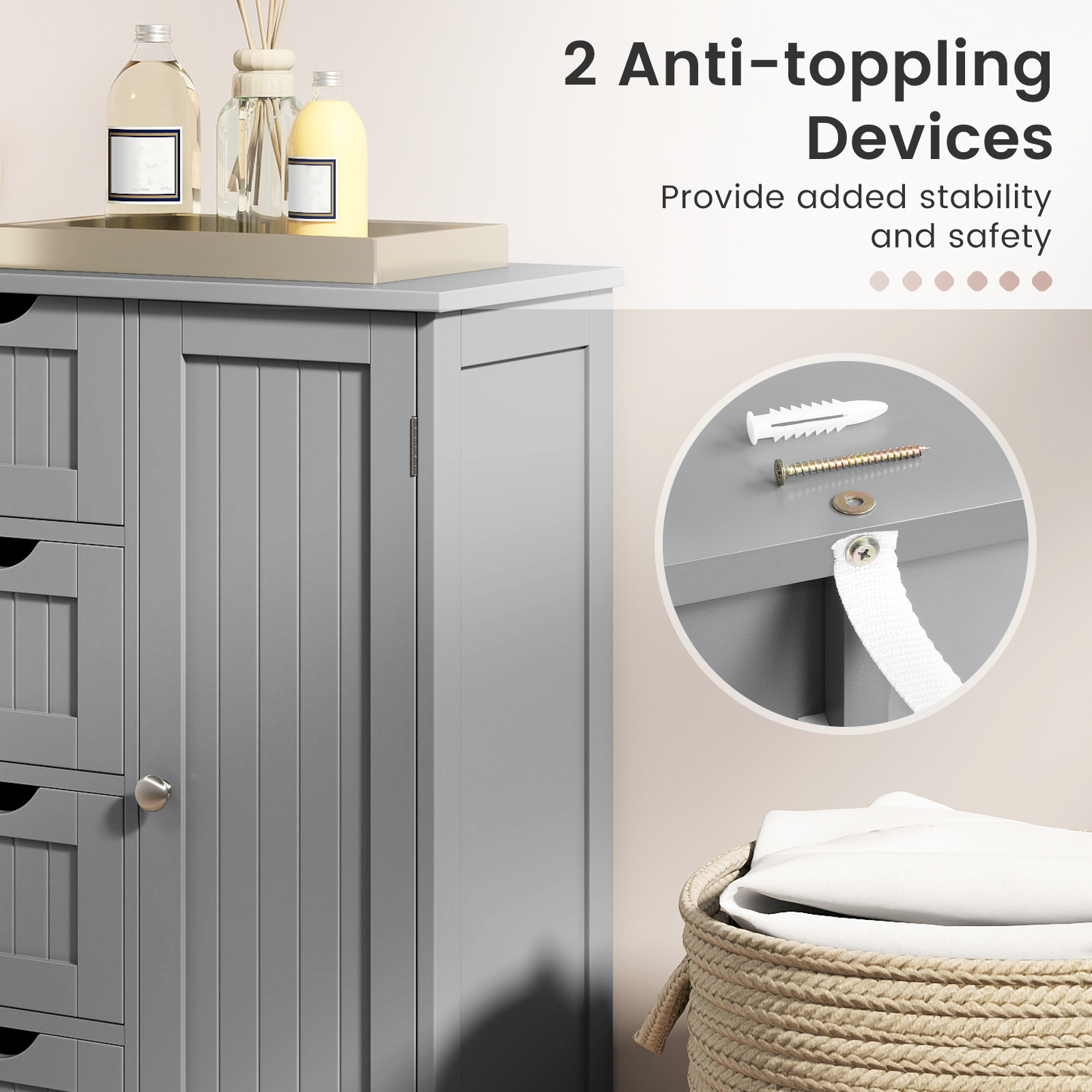 Gymax Bathroom Floor Storage Cabinet Wooden Freestanding Bathroom Storage Unit w/1 Door & 4 Drawers Grey