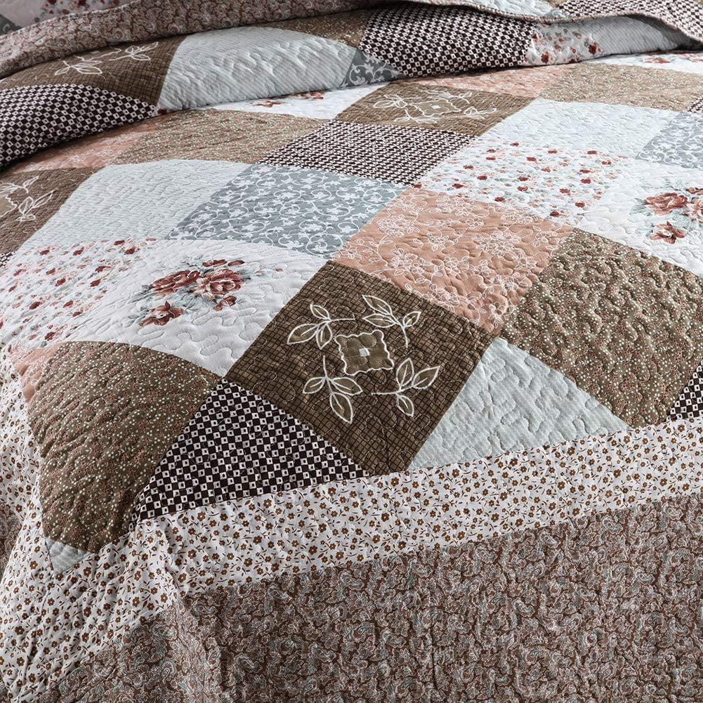 EWAYBY 3-Piece Coffee Floral Quilt Bedding Sets, Queen