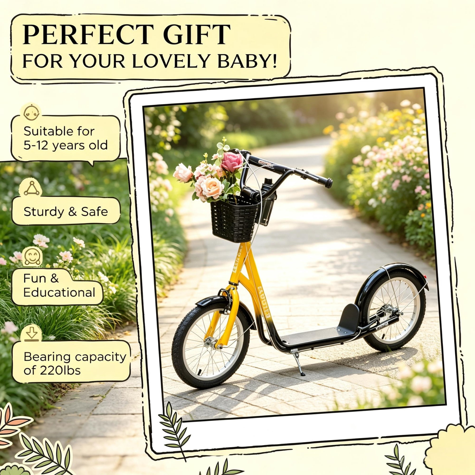 16" Inflatable Youth Scooter, Kick Scooter with Adjustable Handlebars, Double Brakes, Front Basket and Cupholder, Orange