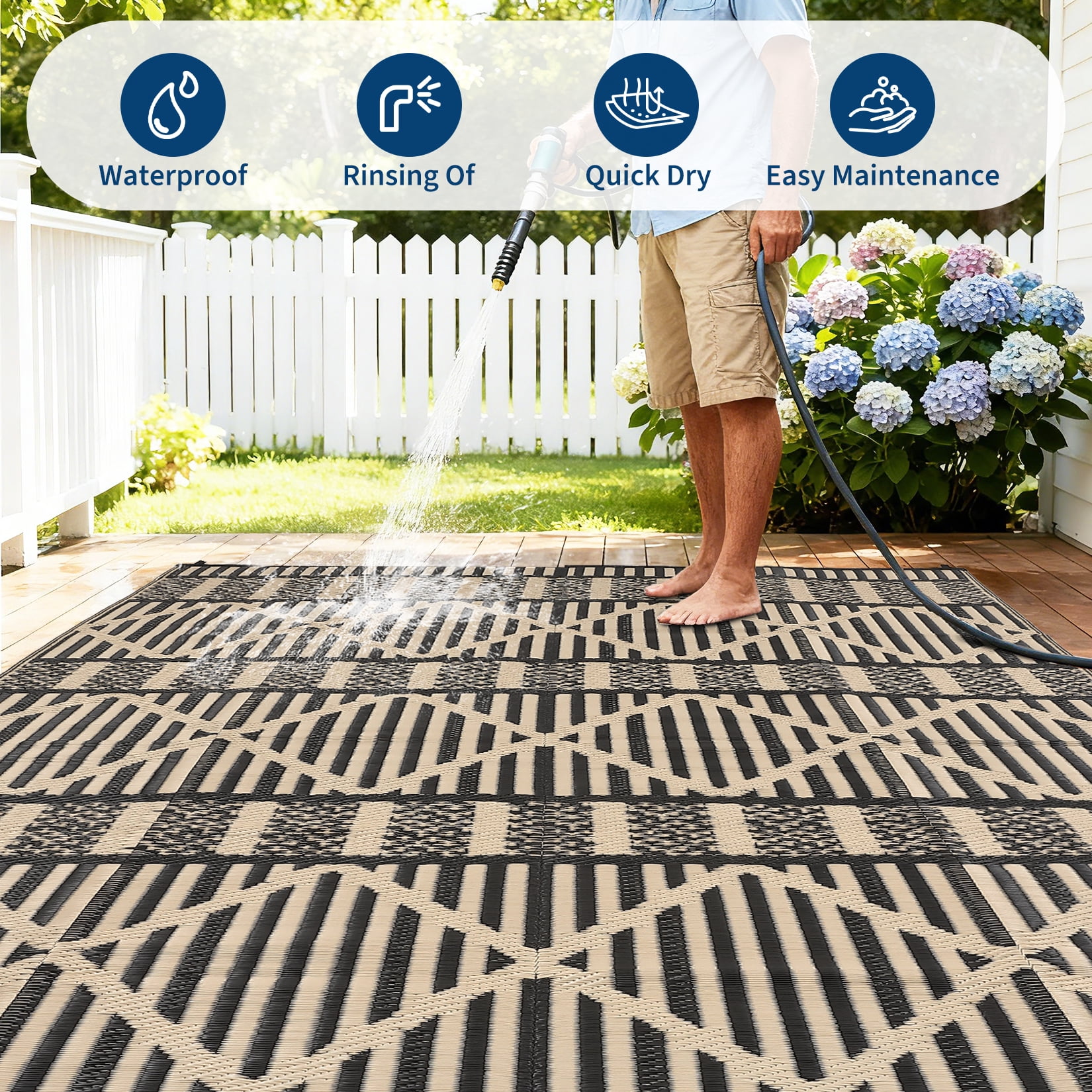 HIWEAVER 9' x 18' Brown/Black Outdoor Rug PP Plastic Straw Woven Waterproof Patio Rug with Border Portable Outside Carpet for Balcony Deck Picnic Garden Decor