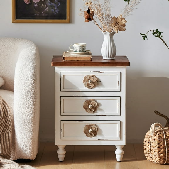Vintage Farmhouse Style Side Table with Floral Knobs, 19" Rustic Nightstand with 3 Drawers and Gourd-Shaped Legs, Can Be Used as a Bedside or Sofa Side Table, Almost Complete, Distressed White Finish