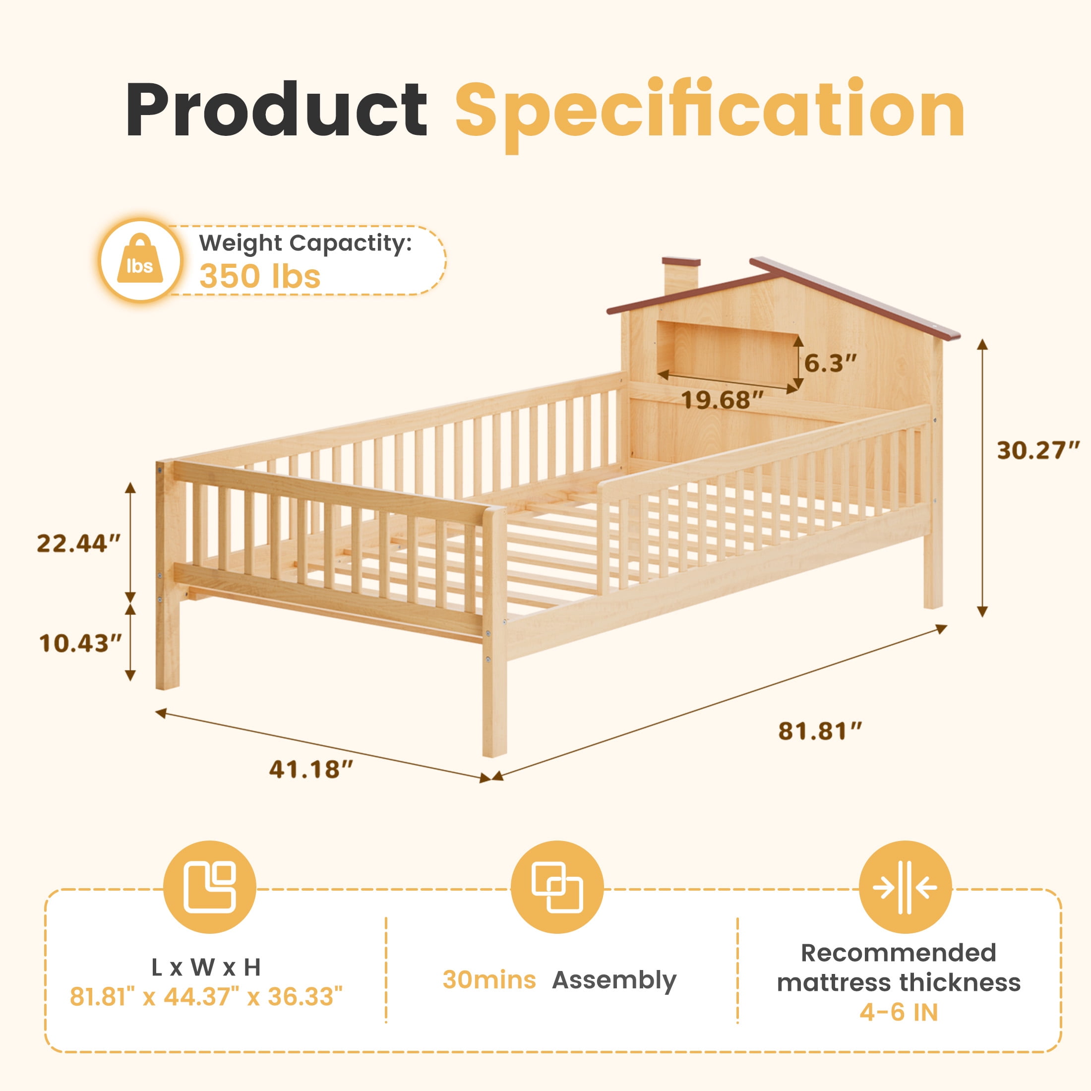 edx Twin Bed Frame with Rails & Storage, Solid Wood Platform Bed with Safety Guardrails & House Headboard, Slat Support, No Box Spring Needed, Natural