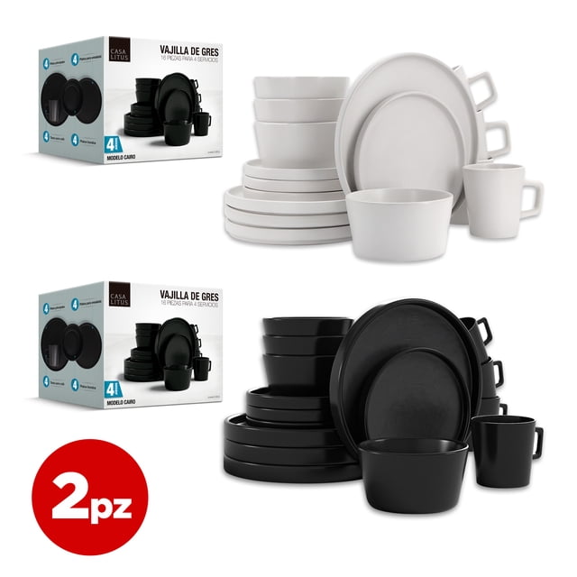 Vajilla de Gres Casa Litus Moderna para 8 Personas: Juego de 32 Piezas Elegante, Platos y Tazas color Blanco y Negro (16 pzas. de cada color) Casa Litus para 8 Personas Color Negro y Blanco (16 piezas c/u)