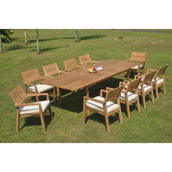 Grade-A Teak Dining Set: 10 Seater 11 Pc: 118" Double Extension Rectangle Table And 10 Vellore Stacking Arm Chairs Outdoor WholesaleTeak #WMDSWVm