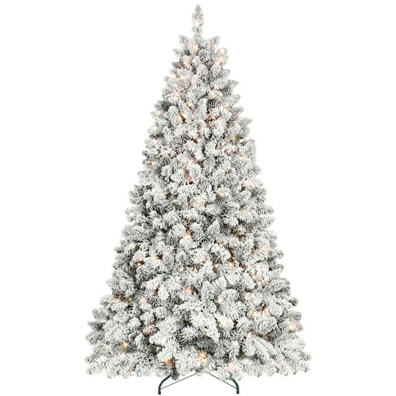 HiiKaa 4 ft Prelit Flocked Christmas Tree with Pine Cones & 150 UL Lights, Snow Frosted Artificial Christmas Tree with Auto Hinged Stand for Holiday Decor,White