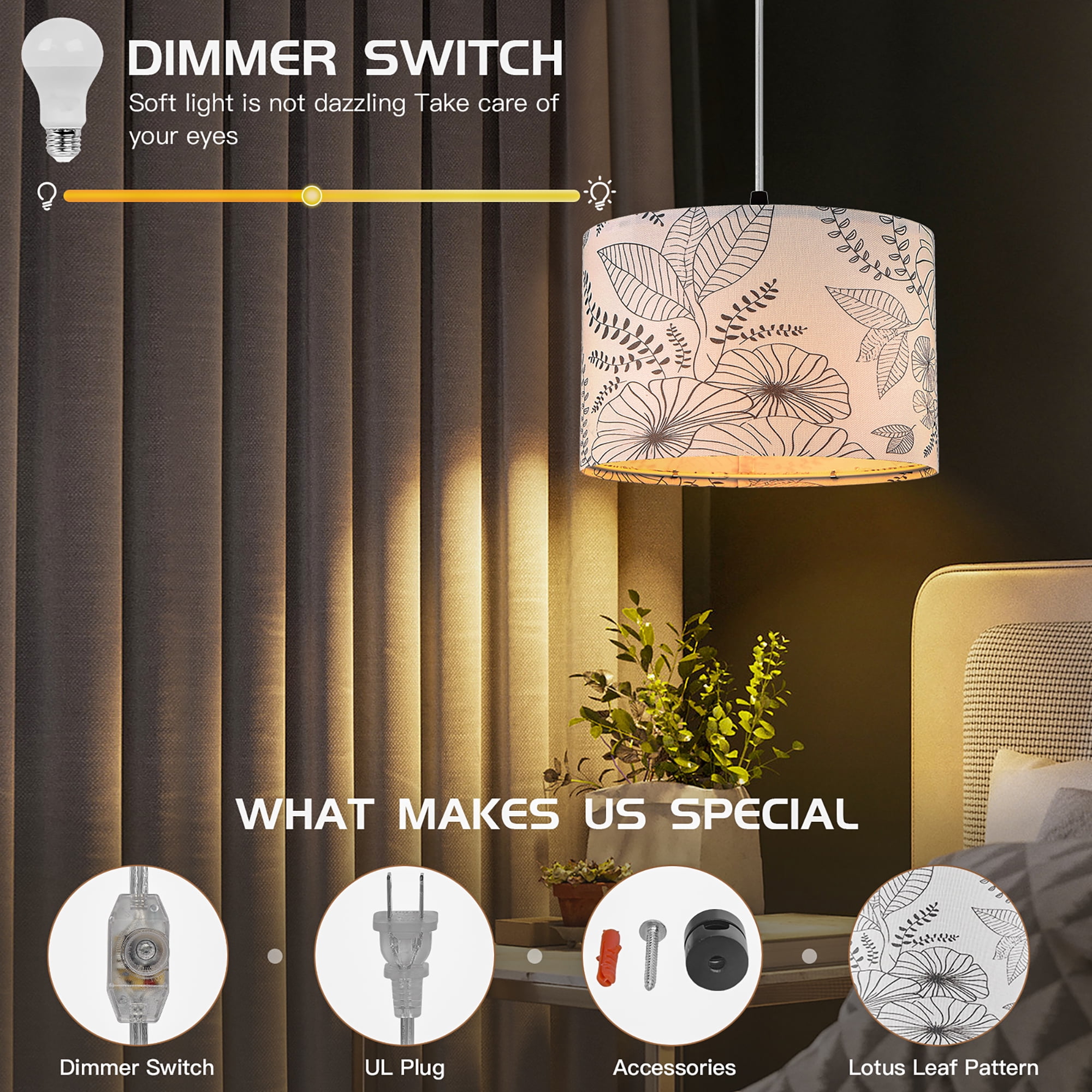 Cinkeda Plug in Pendant Light Dimmable Floral Hanging Lamp with Shade for Kitchen Island Bedroom Living Room(Bulb Included)