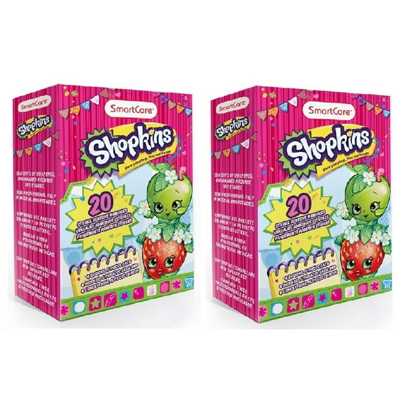 Shopkins Kids Adhesive Bandages 4 Designs (2 Pack, 20 ct ea) For Minor Cuts and Scratches, Wound Care