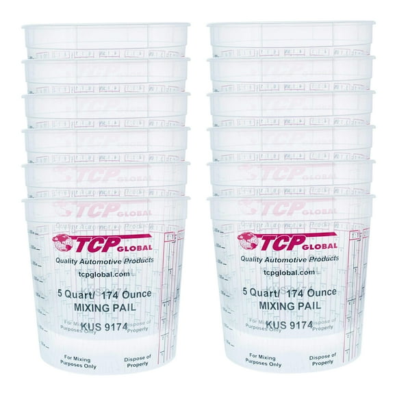 Custom Shop /TCP Global (Pack of 12 - Mix Cups/Buckets - 5 Quart) - (174 Ounce Volume Paint and Epoxy Mixing Cups) - Mix Cups are Calibrated Multiple Mixing Ratios (1-1) (2-1) (3-1) (4-1) (8-1) Epoxy