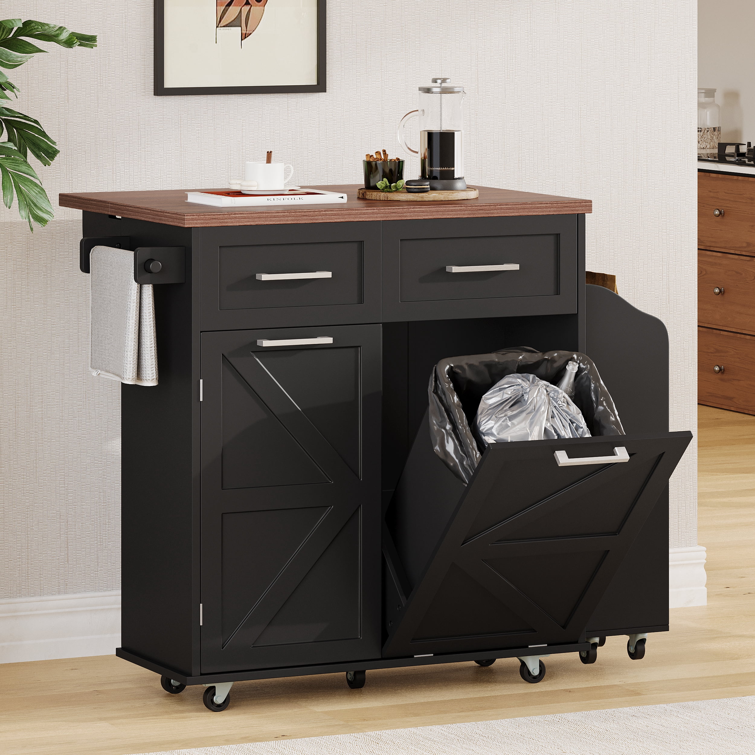 Euroco 47.2" Farmhouse Kitchen Island with Drop Leaf, Kitchen Storage Island with Removable Side Racks, Two Drawers, Rolling Kitchen Cart on Wheels with Towel Rack