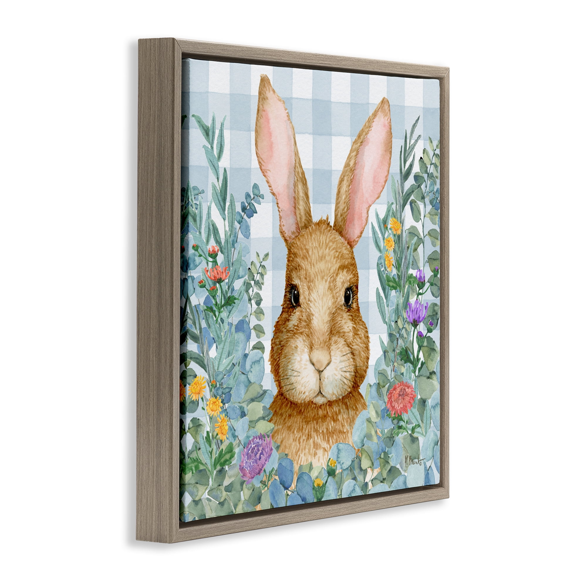 Stupell Industries Rabbit Laurel on Gingham Brown Framed Floater Canvas Wall Art, design by Paul Brent