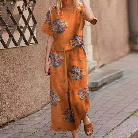 Brnmxoke Womens Cotton Linen Set 2 Piece Outfits 2025 Summer Plus Size Boho Print Short Sleeve Shirt Wide Leg Pants Matching Sets Loungewear Yellow XXXXL