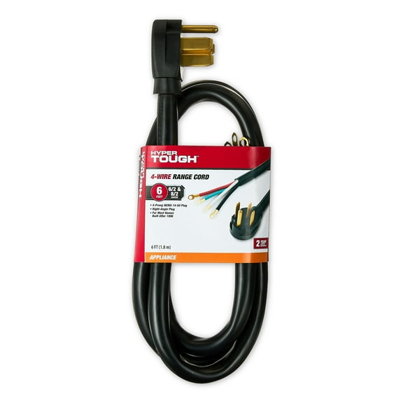 Hyper Tough 6-Foot 4-Wire Range Cord, Black, Right-angle Plug, 125V/250V, 50A