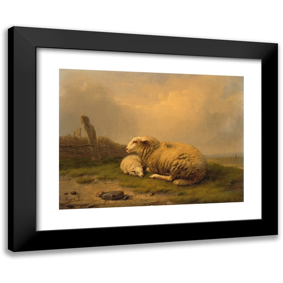 Eugène Joseph Verboeckhoven 14x12 Black Modern Framed Museum Art Print Titled - A Resting Sheep and a Lamb (1840)