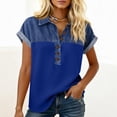 thumbnail image 6 of Womens Buttons Decor Patchwork Western Shirts Denim Splicing Summer Tops Collared V Neck Dressy T-Shirt Blue M, 6 of 6