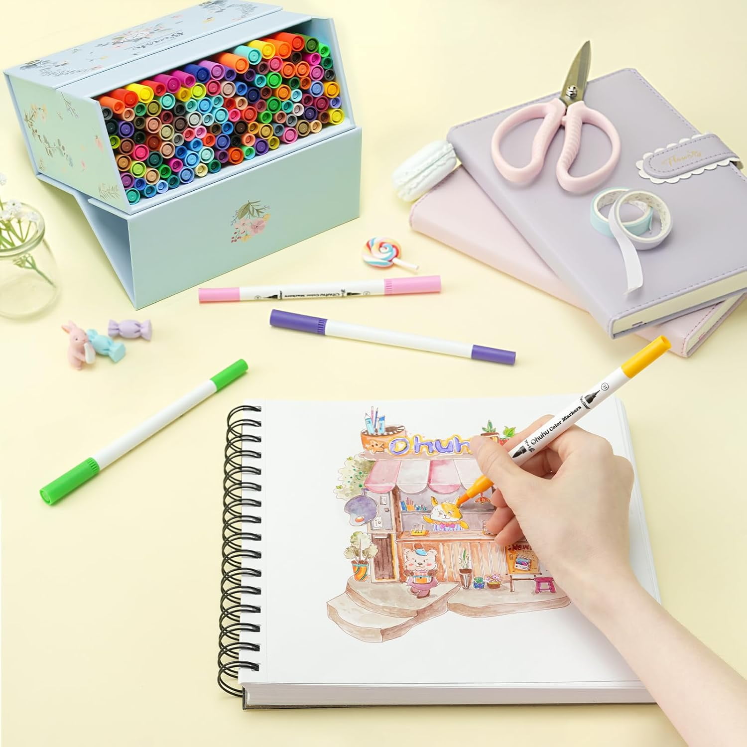 Ohuhu 120-Color Water-Based Markers Set, Fineliner & Brush Dual Tips for Art & Sketching