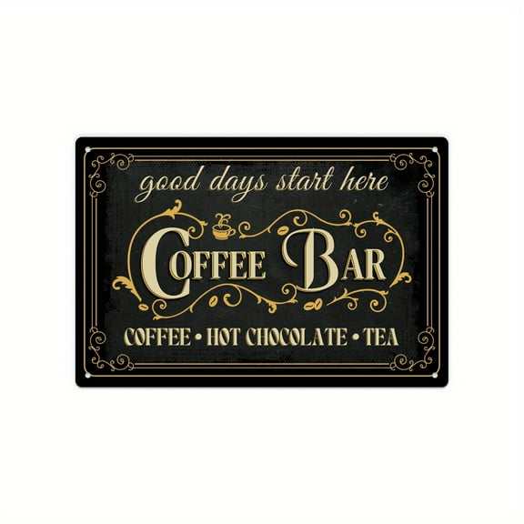 Vintage Coffee Bar Metal Tin Sign - 7.8 x 11.8 inches, black with gold floral design, perfect for cafe, bar, living room or kitchen wall decoration, coffee bar accessories