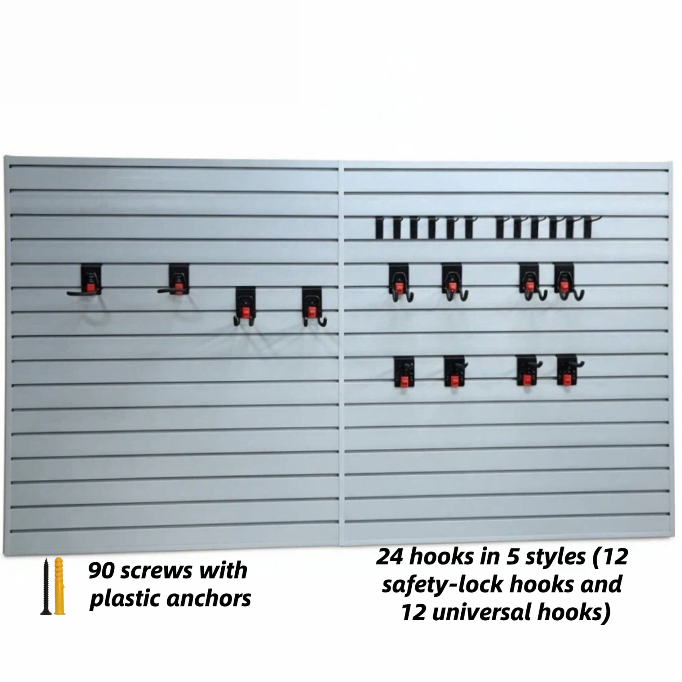GDF Studio 4x8FT PVC Slatwall Panel Kit Garage Storage System with 24 Hooks, Lightweight Water-Resistant Panels, Grey