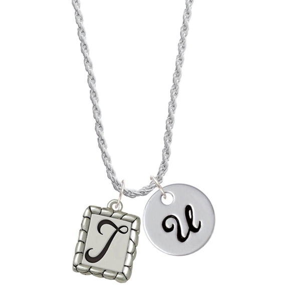Delight Jewelry Silvertone Pebble Border Initial - T Silvertone Script Initial Disc - U - Charm Necklace, 20"+3"