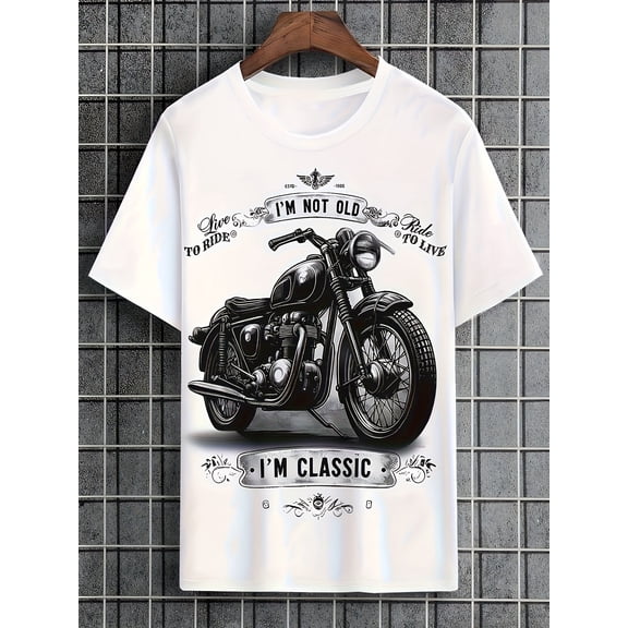 Summer Casual Men's Short Sleeve Tees Vintage Style Motorcycle Print and "I'M NOT OLD I'M CLASSIC" Graphic Tshirt Menwear
