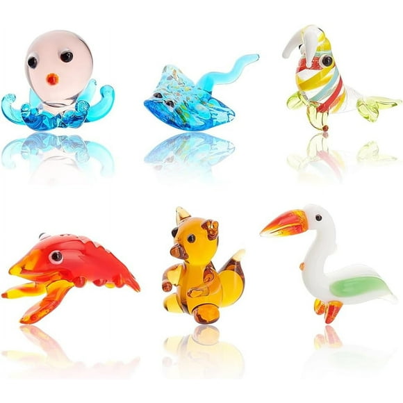 6 Pcs Small Animals Figurines 6 Styles Glass Animal Figurines for Table Home Decor Bird Manta Ray Walrus Octopus Lobster Squirrel Glass Display Miniature for Anniversary Birthday Gift