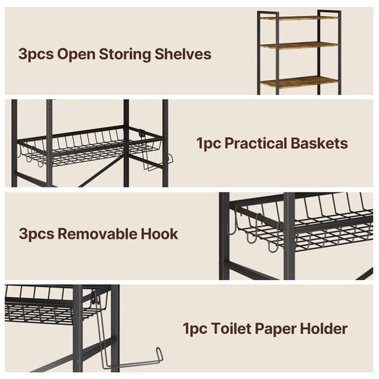 Aiho Over The Toilet Storage Shelf, 4-Tier Freestanding Bathroom Organizers and Storage, above Toilet Space Saver Rack with Adjustable Leg Pads, Toilet Paper Holder and 3-Hooks - Rustic Brown