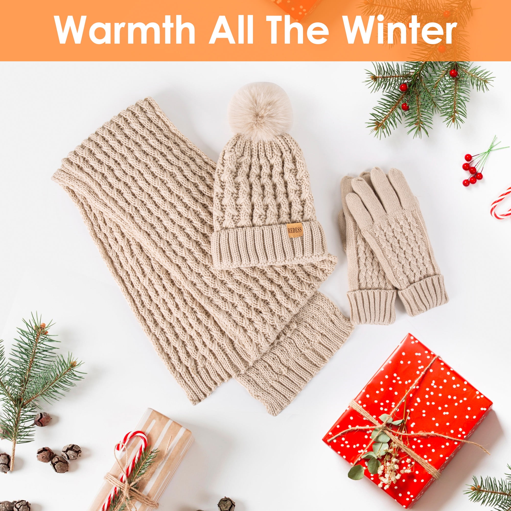 REDESS Winter Women's Beanie Hat Scarf Gloves Set, Fleece Lined Winter Hat with Pom Pom,Black