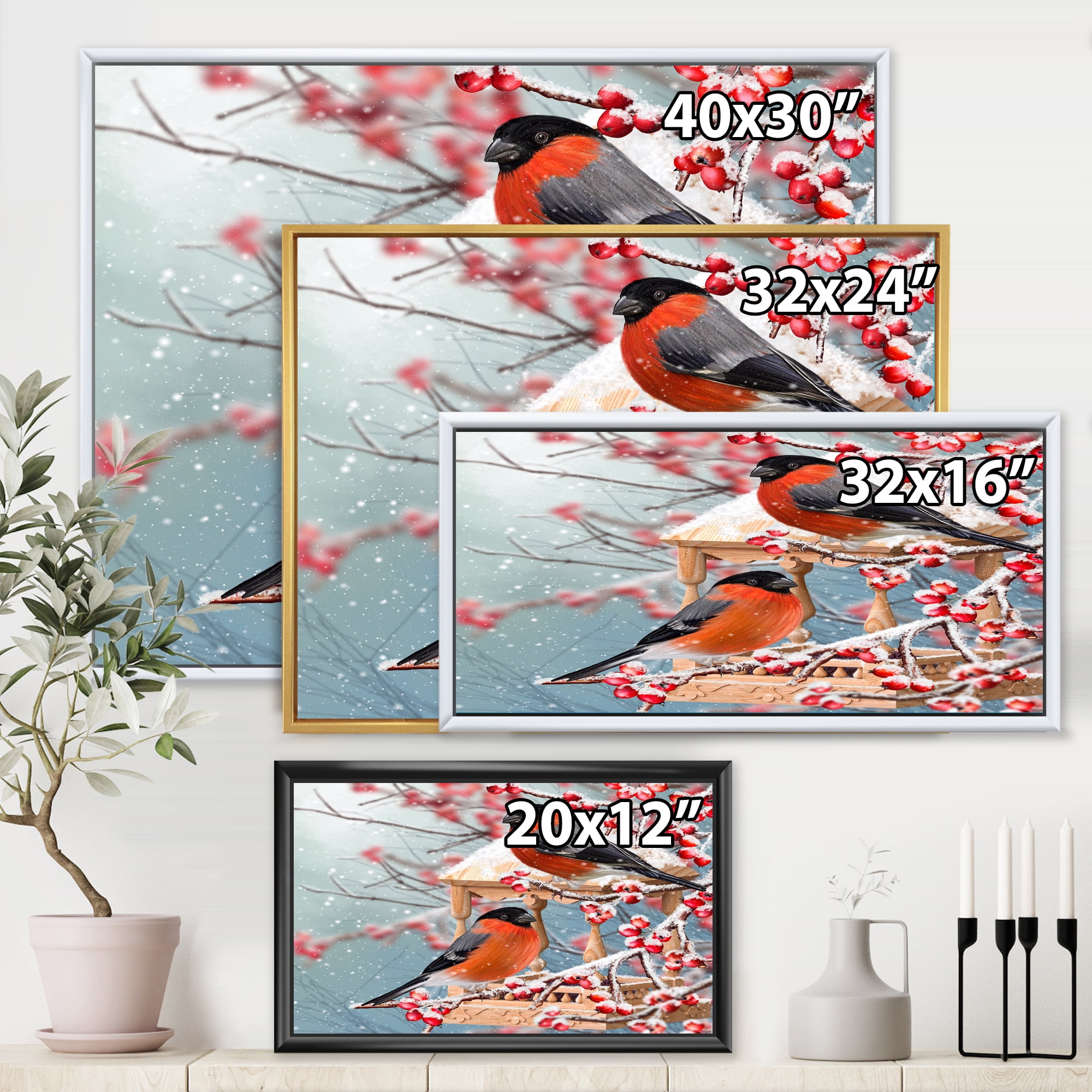 Designart 'Two Tits Sit On A Snow-Covered Berries Branch ' Traditional Framed Canvas Wall Art Print