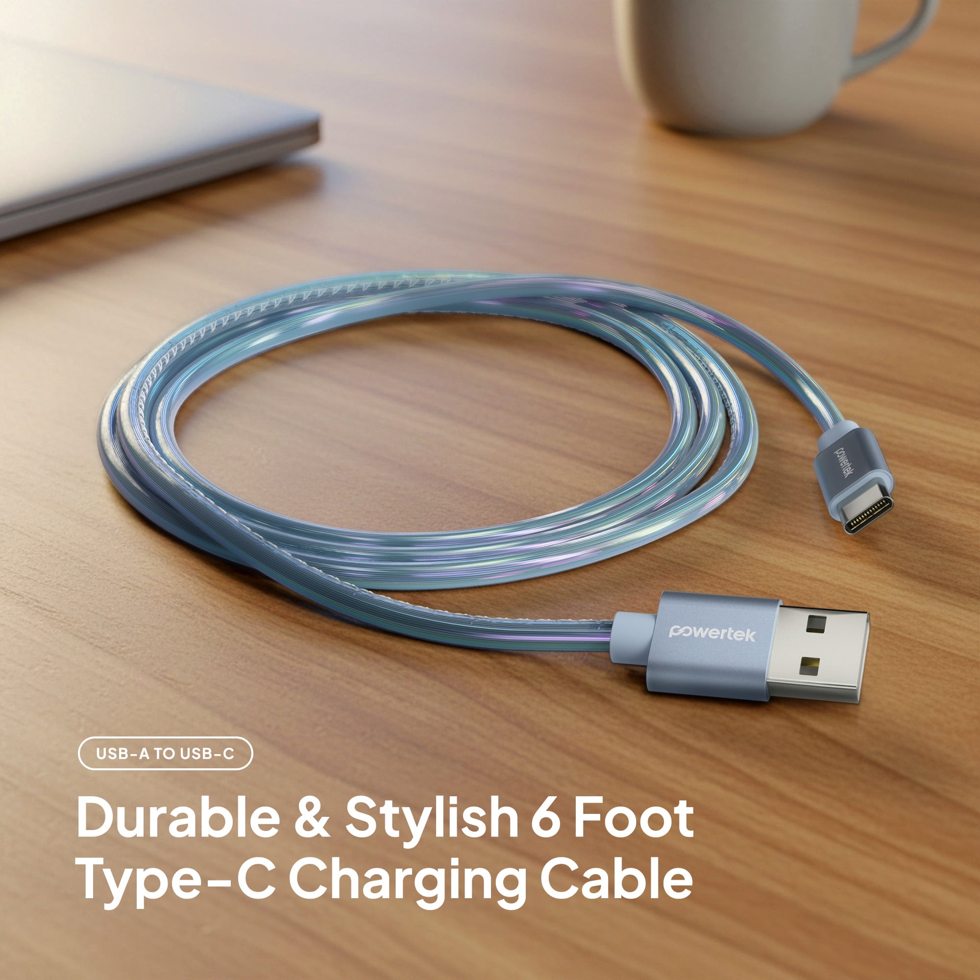 Powertek USB-A to USB-C (Type-C) Metallic Shine Pastel Charging Cable, 6 ft, Blue