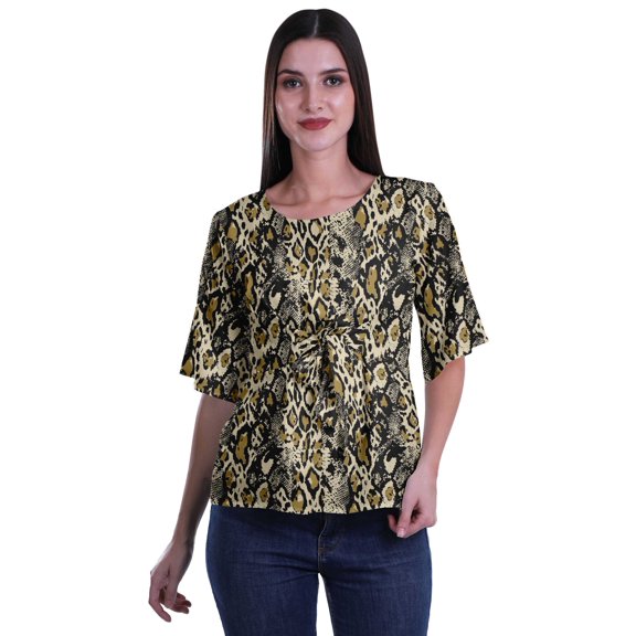 Moomaya Printed Round Neck Top For Women Elbow Sleeve Blouse Tunic Formal Wear