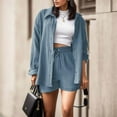 thumbnail image 6 of HAPIMO Women's Set Casual Lapel Shirt Long Sleeve Button Down Tops High Waist Drawstring Short Pants Spring Summer Fashion 2 Piece Outfits Blue L, 6 of 7