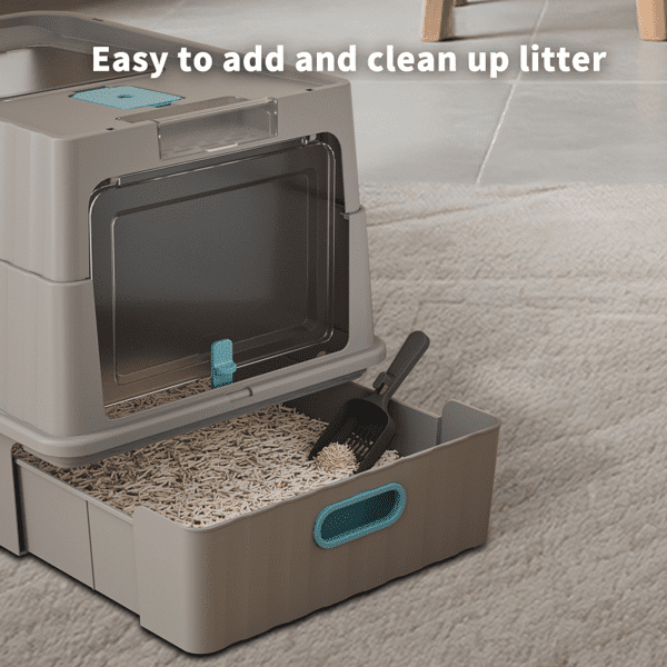 imerelez Black Thick Stainless Steel Fully Enclosed Cat Litter Box, Flip-Top 120° Wide Angle, Transparent Top, Odor Control with Carbon, Leak Proof, Large Space for Big Cats, Includes Scoop & Mat