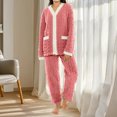 thumbnail image 4 of HAiming Fuzzy Pajamas Set V Neck Long Sleeve Button down Tops and Casual Pants Color Block Sleepwear with Pockets, 4 of 6