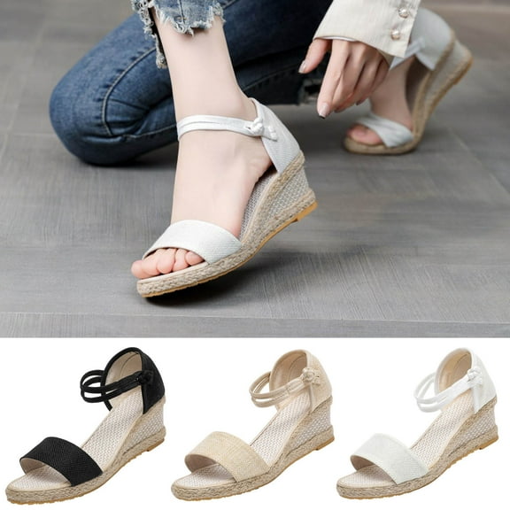 Jacenvly 2024 New Knitted Round Toe One Character Slope Fish Mouth Wedge Sandals Women's High Heel Summer Casual Slippers Beige Sandals for Women