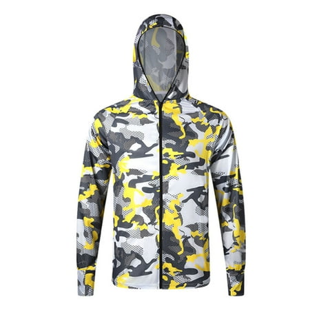 Guieoi Mens Coats and Jackets Winter Men Outdoor Long Sleeve Zipper Hooded Breathable Camouflage Thin Fishing Clothes Sun Protection Clothing Yellow